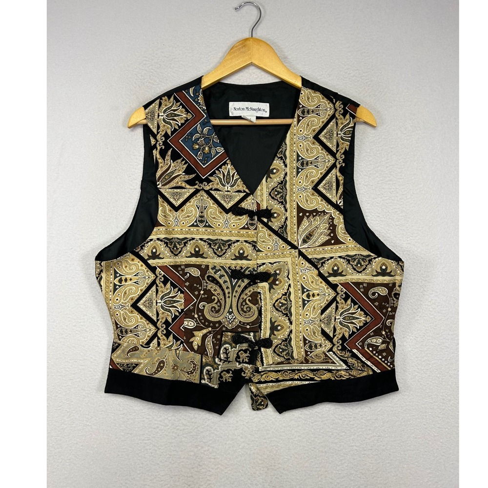 Boho Paisley Vintage Norton McNaughton Women 14 Black Gold Scarf Print Frog Vest